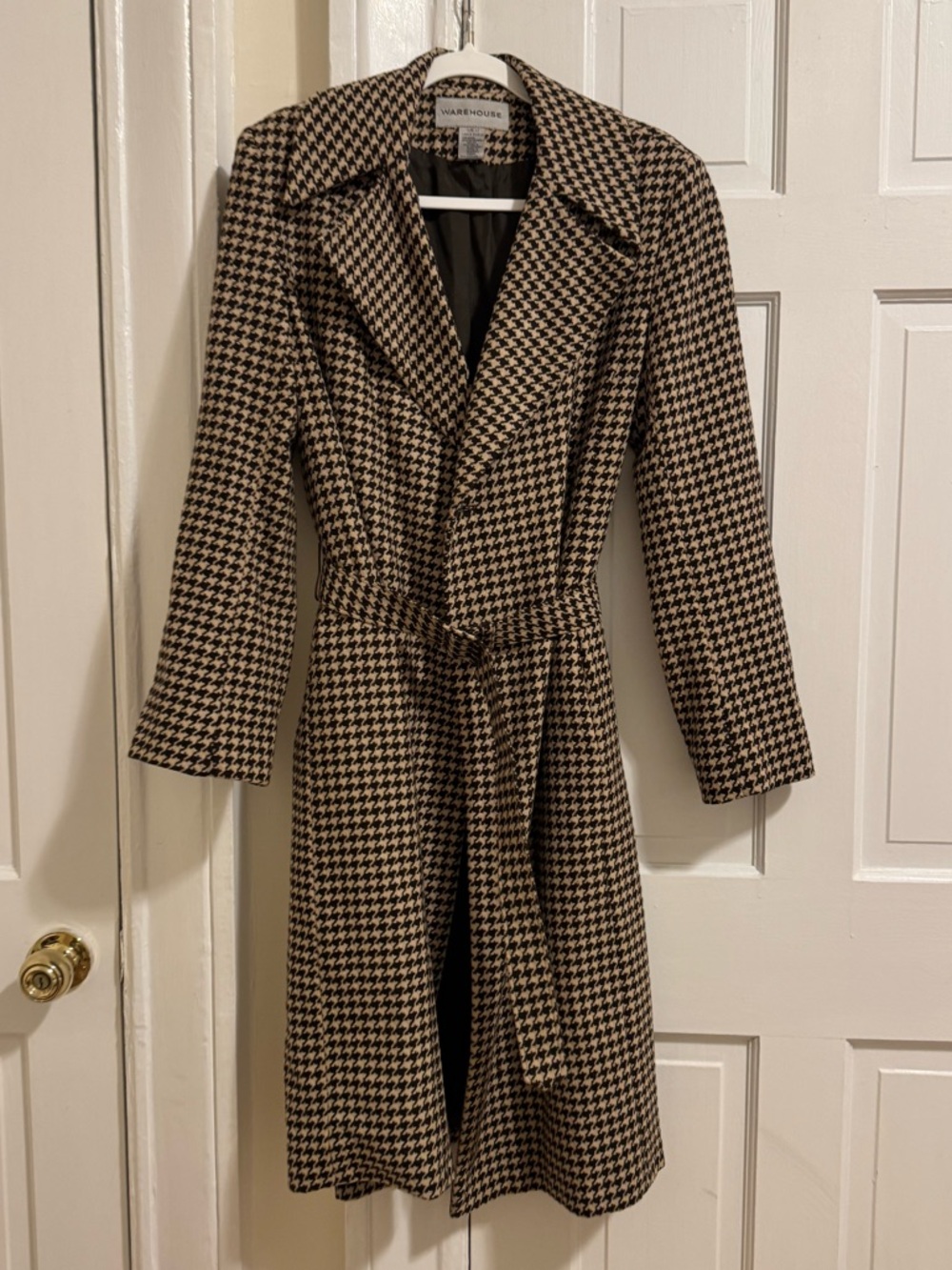 Warehouse Houndstooth Belted Wool Blend Coat Tan Black 8 EUC